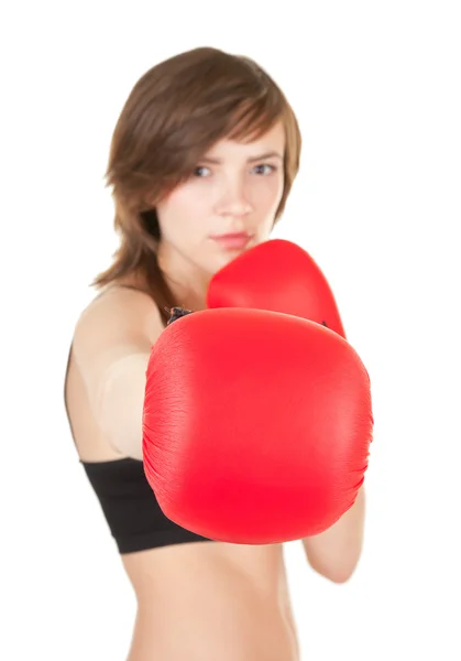 戴拳击手套的女运动员 — 图库照片