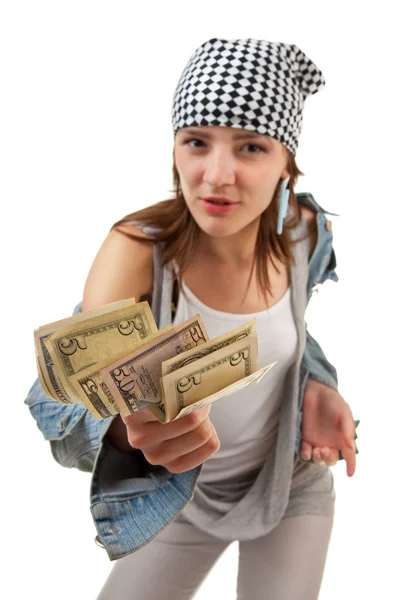 Дівчина з грошима на білому тлі — стокове фото