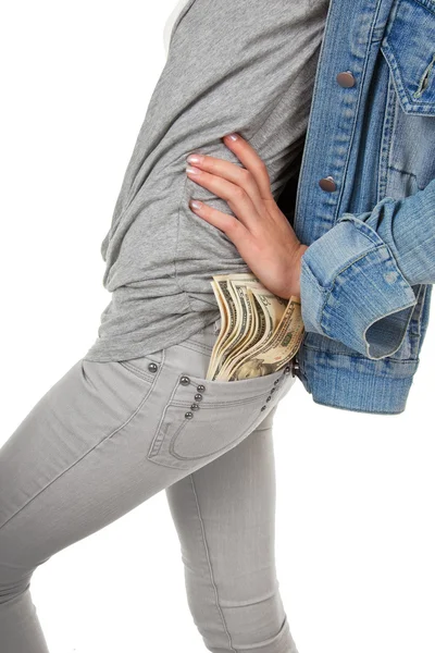Girl with the money on a white background — Stock Photo, Image