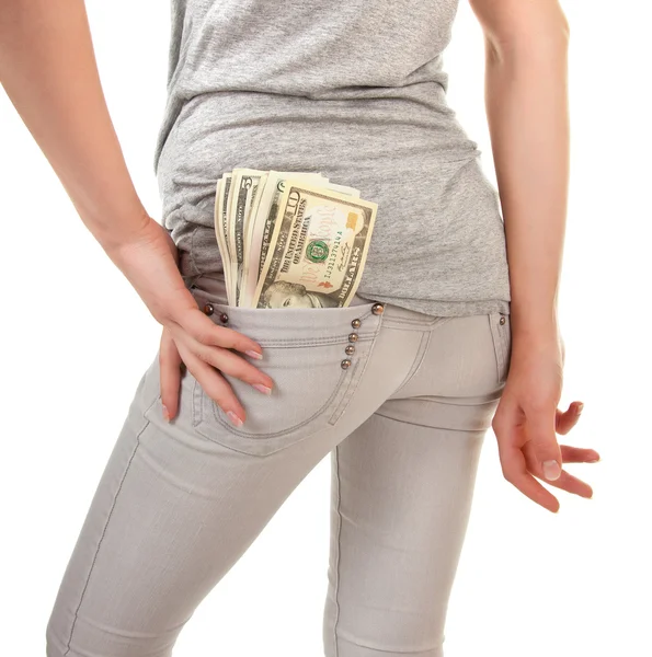 Κορίτσι με τα χρήματα σε λευκό φόντο — Φωτογραφία Αρχείου