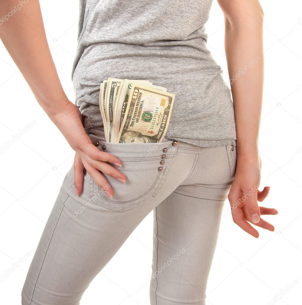 Girl with the money on a white background