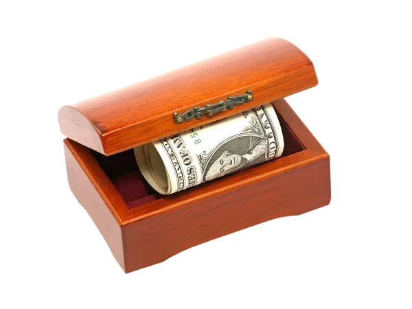 Wooden chest with dollars bill. — Stock Photo, Image