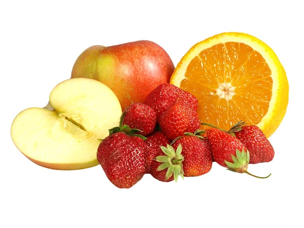 Verse aardbeien, sinaasappel en appel. — Stockfoto