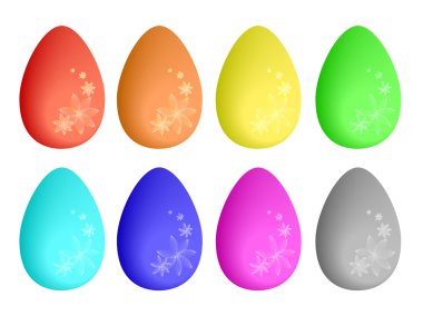 Many colorful eggs with flower ornaments