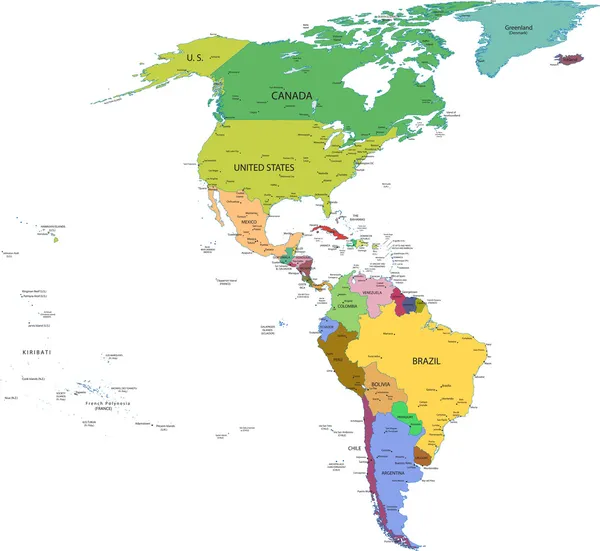 Χάρτης της Νότιας και Βόρειας Αμερικής με χώρες — Φωτογραφία Αρχείου