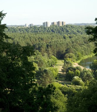 Orman ve gökyüzü arka plan ile şehir panoraması