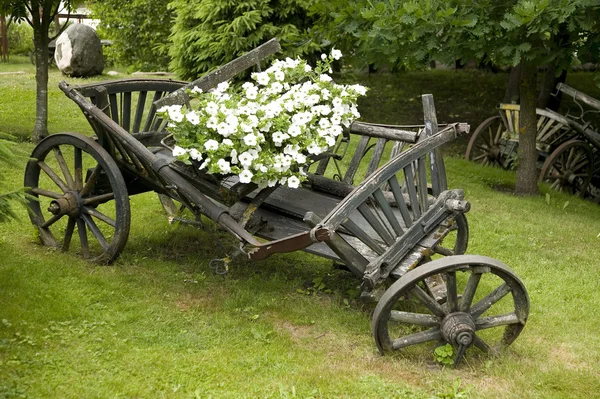 花でいっぱいの古い木製のワゴン — ストック写真