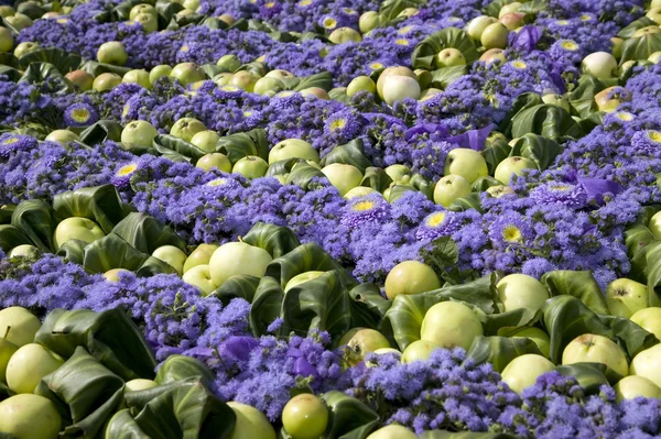 Яблука і фіолетові квіти — стокове фото