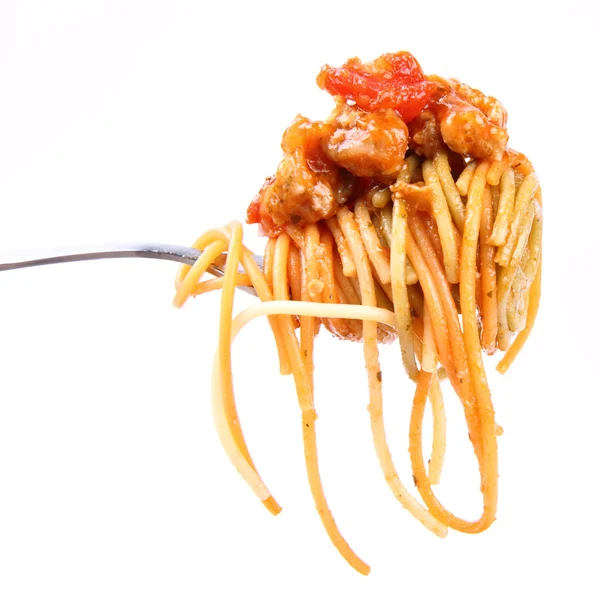 Spaghetti bolognese på en gaffel — Stockfoto
