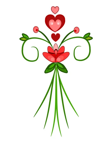 Ramo de flores de San Valentín con corazones rojos - Vector — Vector de stock