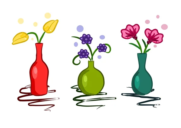 Three colorful vase with flowers - vector — Stock Vector