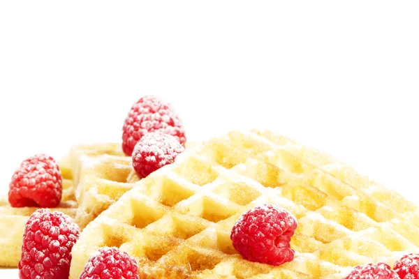 Sugar covered raspberries on waffles with syrup — Stock Photo, Image