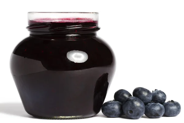 Jam jar with blueberry jam and blueberries — Stockfoto