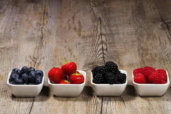 Row of wild berries in bowls — Stock Photo, Image