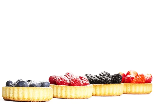 stock image Sugar coveres blueberries in front of wild berries in tartlets