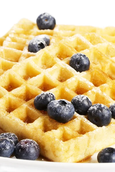 Waffles with sugar covered blueberries and syrup — Stock Photo, Image