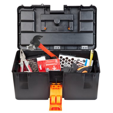 Tools and instruments is in a black plastic box clipart