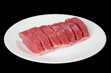 Pieces of raw meat on a white plate