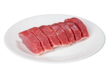 Pieces of raw meat on a white plate