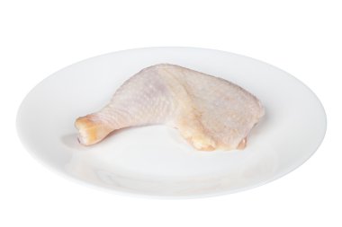 Chicken leg on a white plate is isolated on a black background