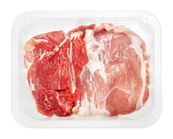 Huge red meat chunk in box isolated over white background — Stock Photo, Image