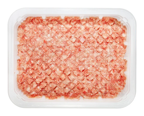 Das Kraftessen von rohem Fleisch in Schachtel isoliert auf weißem Hintergrund — Stockfoto
