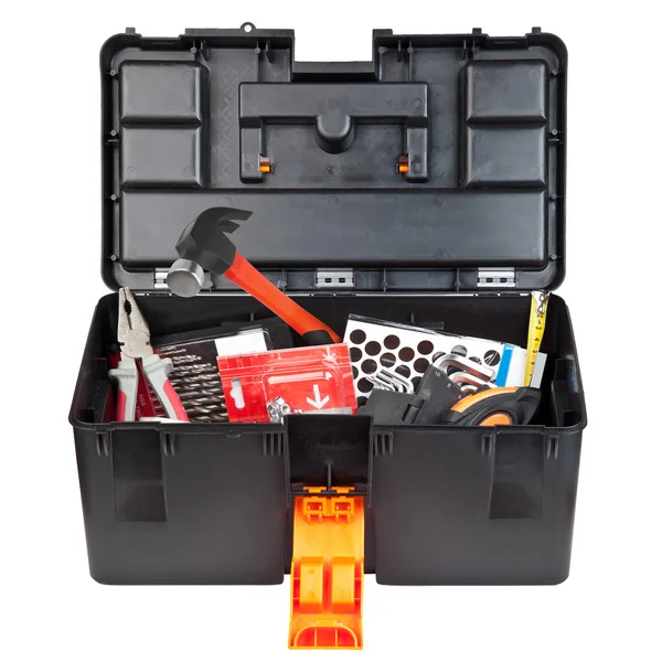 Werkzeuge und Instrumente in einer schwarzen Plastikbox — Stockfoto