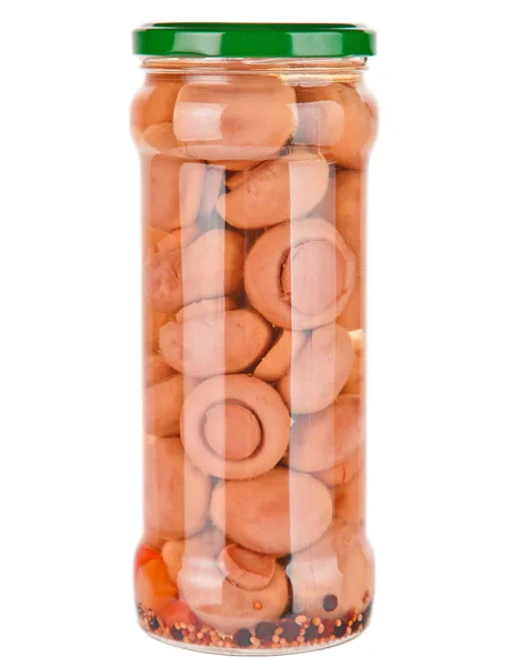 Glass jar of preserved mushrooms isolated on white background — Stock Photo, Image