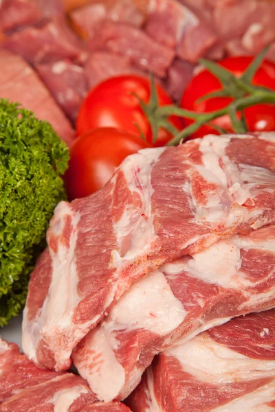 Fundo de carne crua fresca com bordas de porco; Carne de vaca, Turquia e — Fotografia de Stock