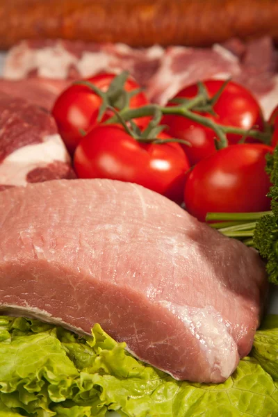 Carne cruda fresca sfondo con filetto di maiale, Carne di manzo, Turchia un — Foto Stock