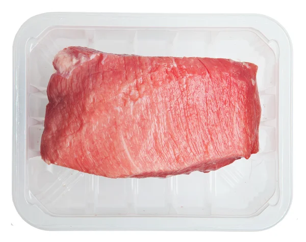 Huge red meat chunk in box isolated over white background — Stock Photo, Image