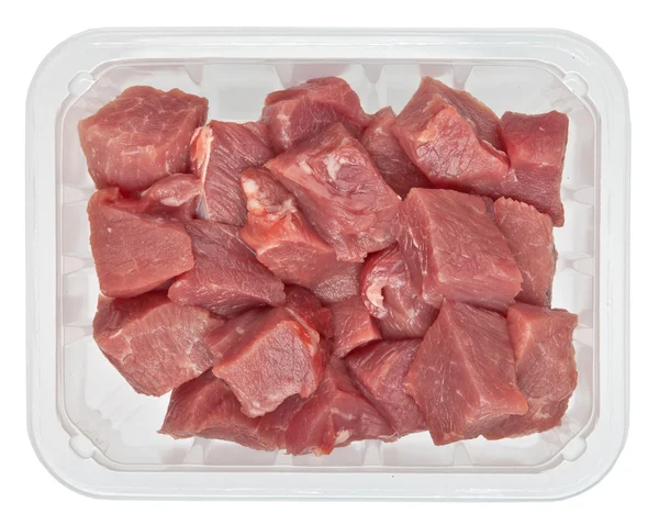 Die rohen Fleischstücke in Schachtel isoliert auf weißem Hintergrund — Stockfoto