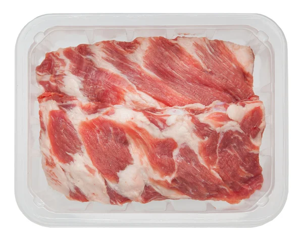 흰색 배경에 고립 된 상자에 돼지고기 가장자리. — 스톡 사진
