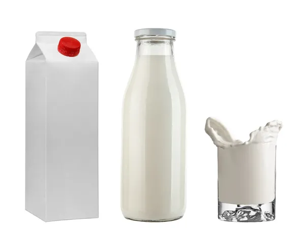 Μπουκάλι γάλα, χαρτοκιβώτιο πακέτο και γυαλί — Φωτογραφία Αρχείου