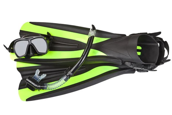 Palet, maske ve beyaz arka plan üzerinde izole şnorkel — Stok fotoğraf