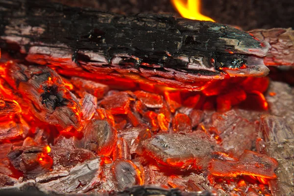 Fondo de un fuego, leña y carbones conflagrantes —  Fotos de Stock