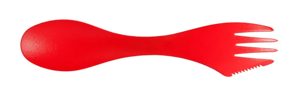 Червона пластикова туристична ложка і виделка ізольовані на білому фоні — стокове фото