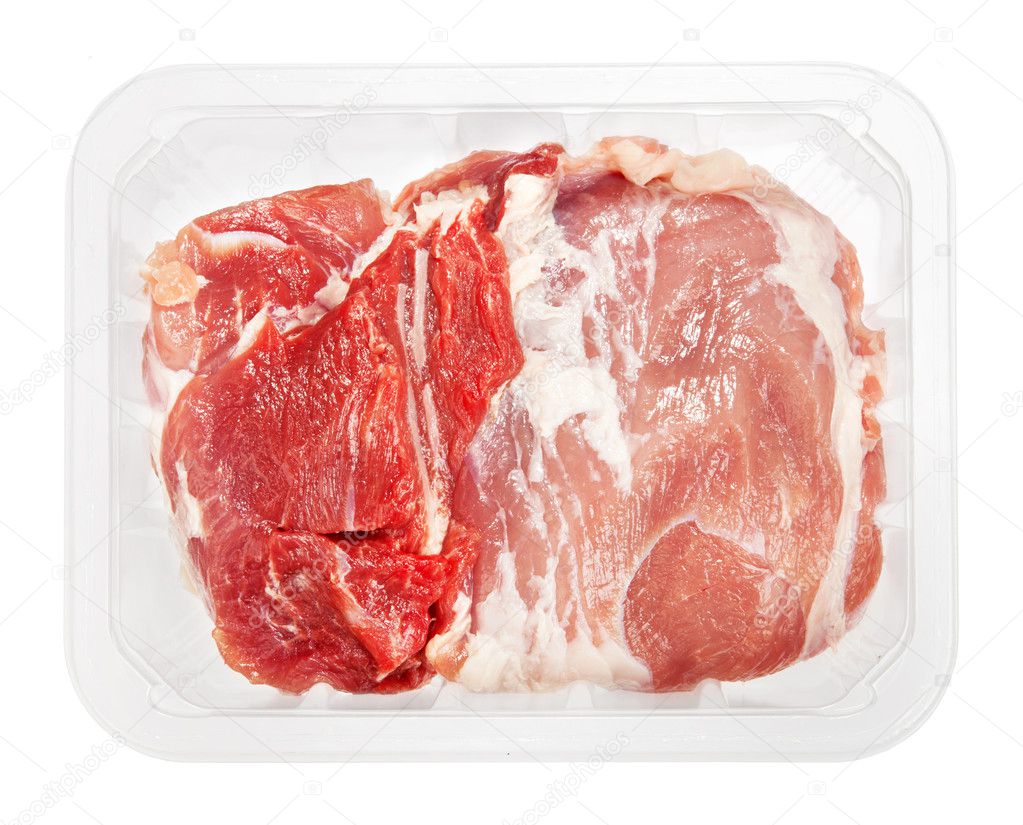 Huge red meat chunk in box isolated over white background