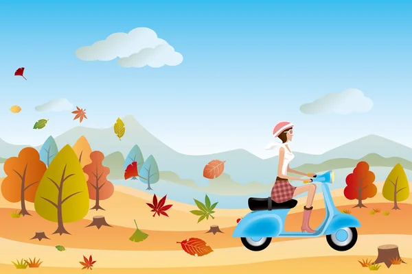 Herfst landschap en scooter vrouw — Stockvector