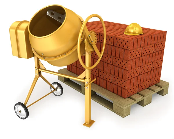 Clean new yellow concrete mixer with helmet and stack of bricks — Stock Photo, Image