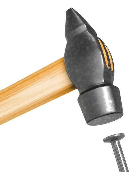 Shiny new hammer hitting the nail closeup — Zdjęcie stockowe
