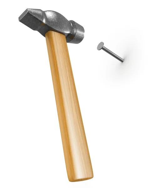 Shiny new hammer hitting nail — Zdjęcie stockowe