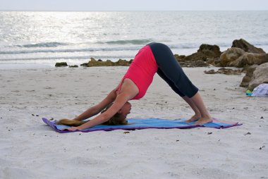 Woman doing yoga exercise downward facing dog pose or Adho Mukha clipart