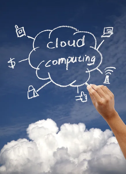 Ritning cloud computing koncept på den blå himlen — Stockfoto