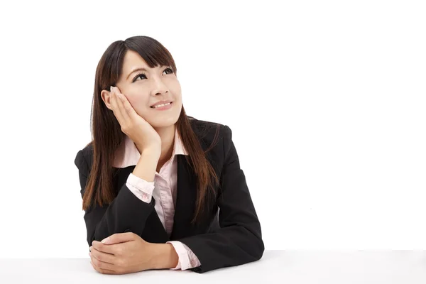 Azjatycki biznes kobieta wygląda w górę i myśli — Zdjęcie stockowe