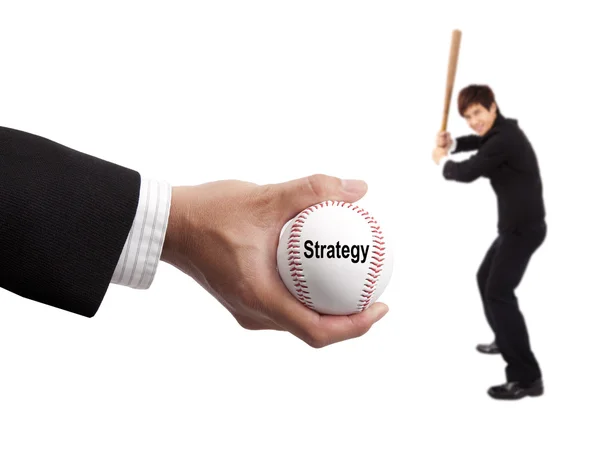 Business strategy concept. hand of businessman holding baseball and striker — Stock Photo, Image
