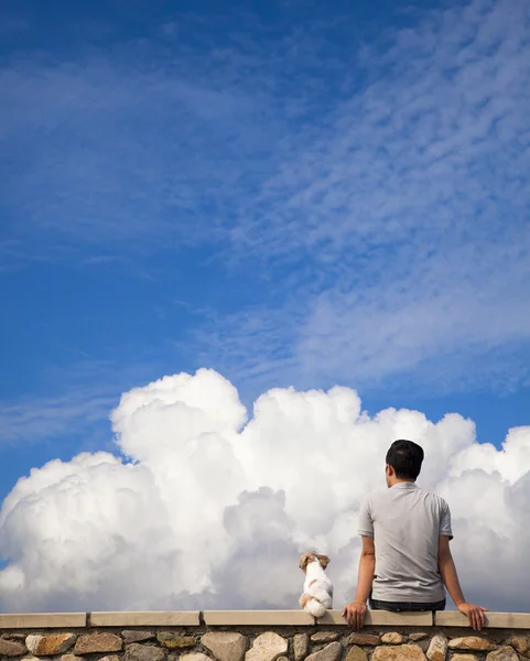 Homem sentado com o cão e observando a nuvem do verão — Fotografia de Stock