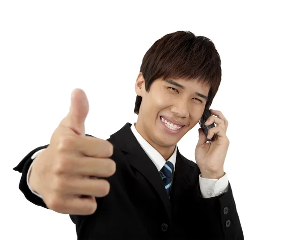 Young business Man With mobile phone and Thumbs Up — Stock Photo, Image