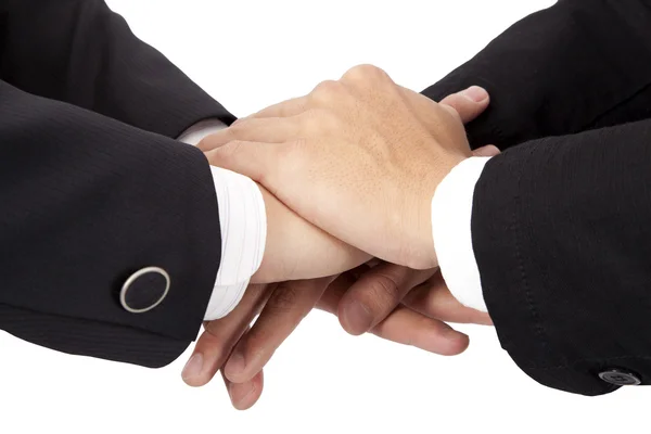 Conceito de confiança e cooperação. mãos empilhadas de homem de negócios — Fotografia de Stock
