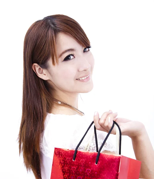 美しいアジアの女性の買い物袋を保持しています。 — ストック写真